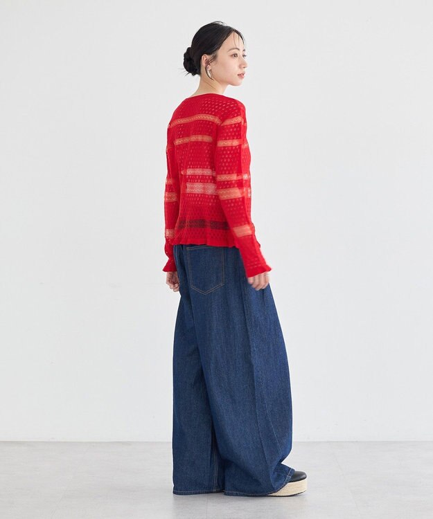 earth music&ecology シアーボーダーニットカーディガン Red