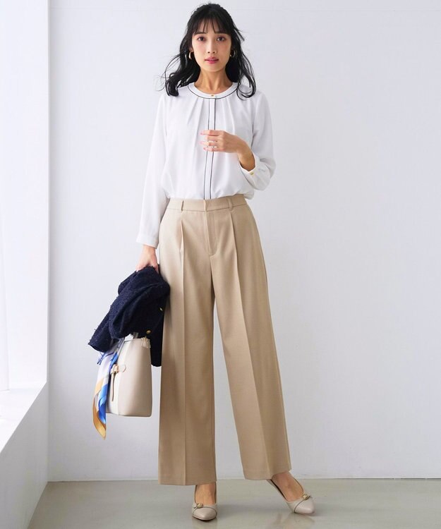 ANY SIS 褒めらレディストレッチ ワイドパンツ ベージュシャンブレー