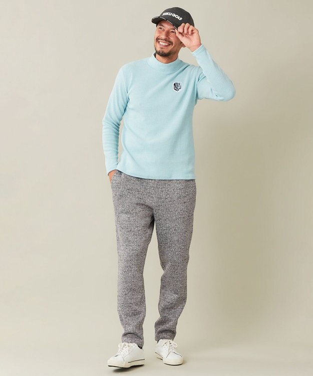 23区GOLF 冬の定番トップス【MEN】【吸湿発熱】グランサーモワッフル モックネックシャツ スカイブルー系