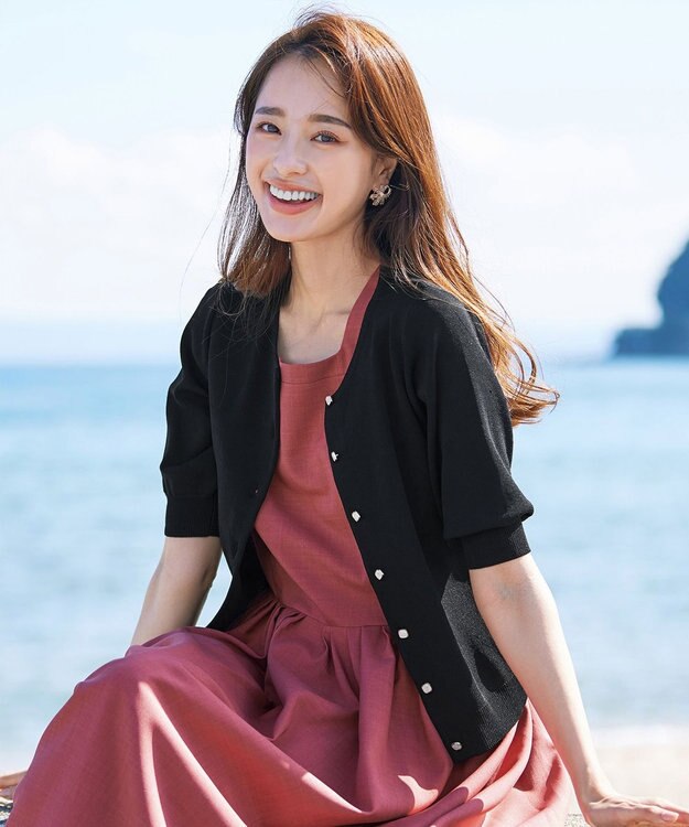 Tiaclasse  【洗える】ハーフスリーブサマーニットカーディガン ブラック