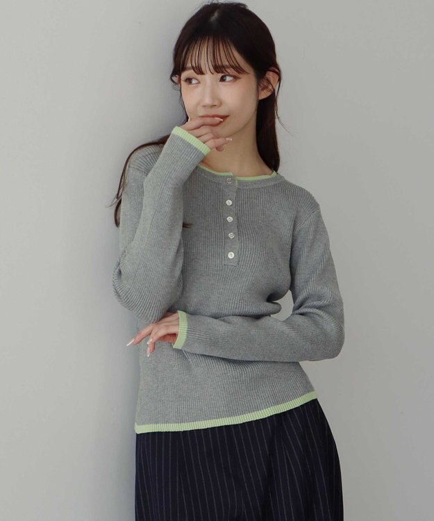 earth music&ecology バイカラーヘンリーネックニットプルオーバー Gray