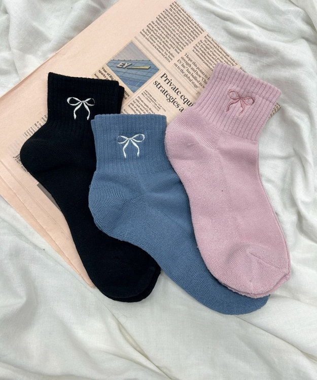 WEGO リボン刺繍アンクルパイルソックス サックス