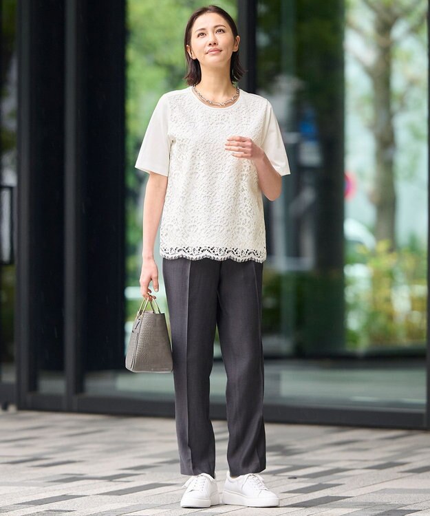 自由区 L 【洗える】レースコンビ Tシャツ アイボリー系