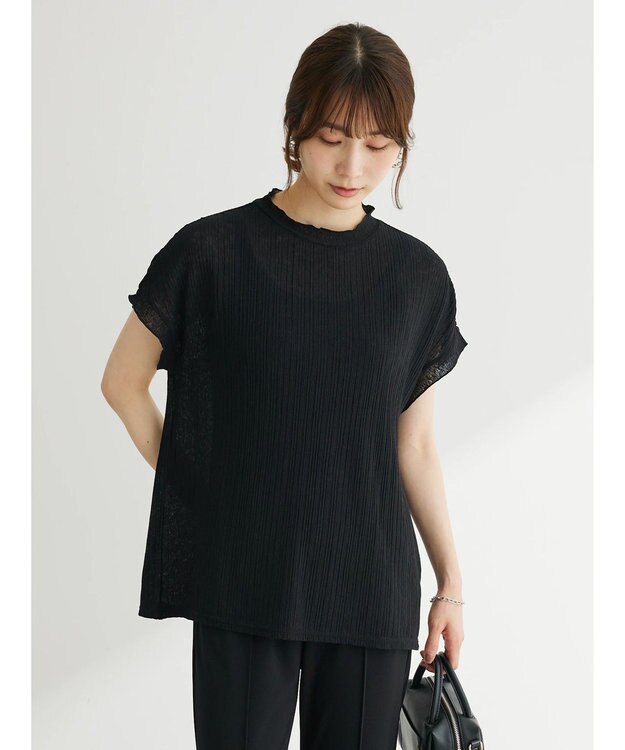 Green Parks プリーツ加工フレンチスリーブカットプルオーバー Black