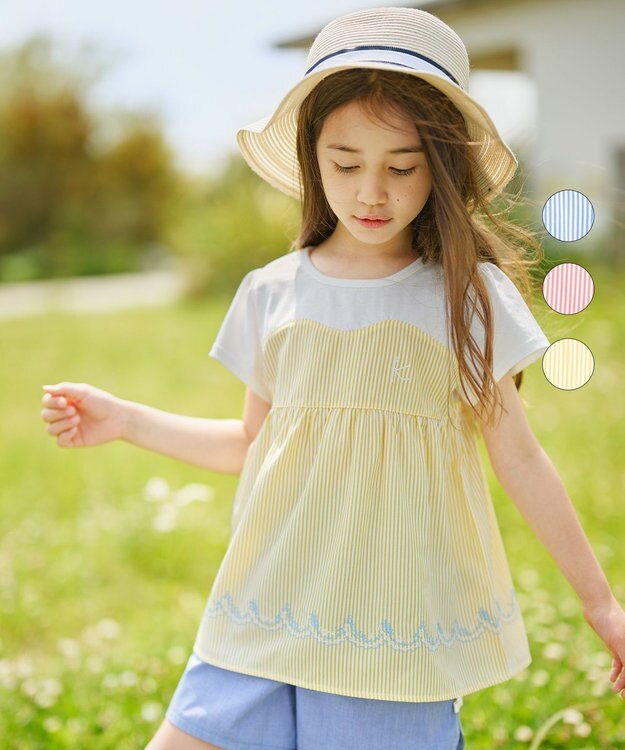 組曲 KIDS 【150-160cm】ビーチコーミングストライプ Tシャツ サンセットイエロー系1