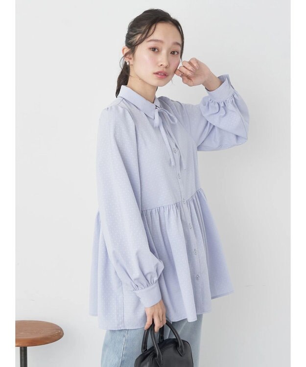 earth music&ecology リボン付き切り替えギャザーシャツチュニック Light Blue