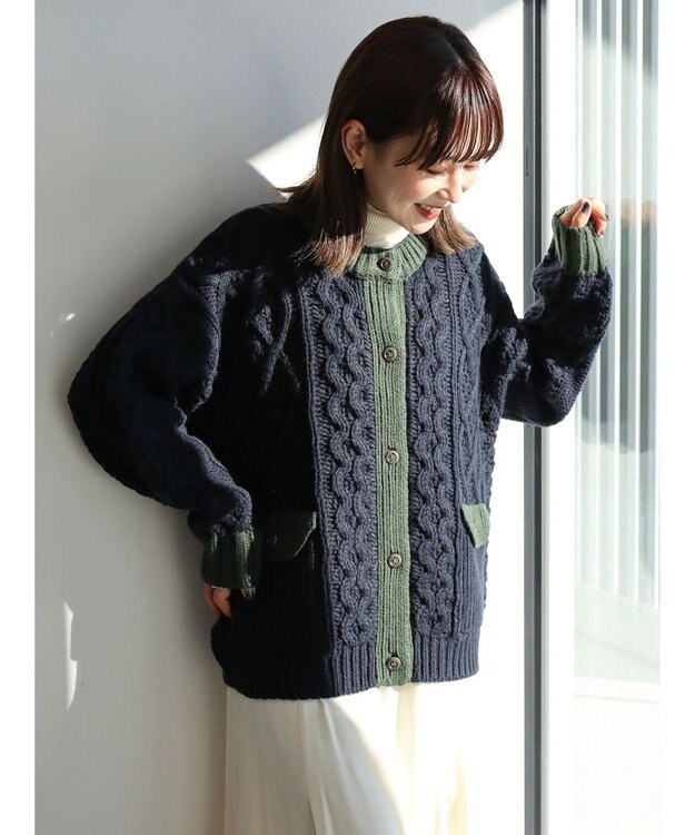 AMERICAN HOLIC 配色ケーブルニットカーディガン Navy