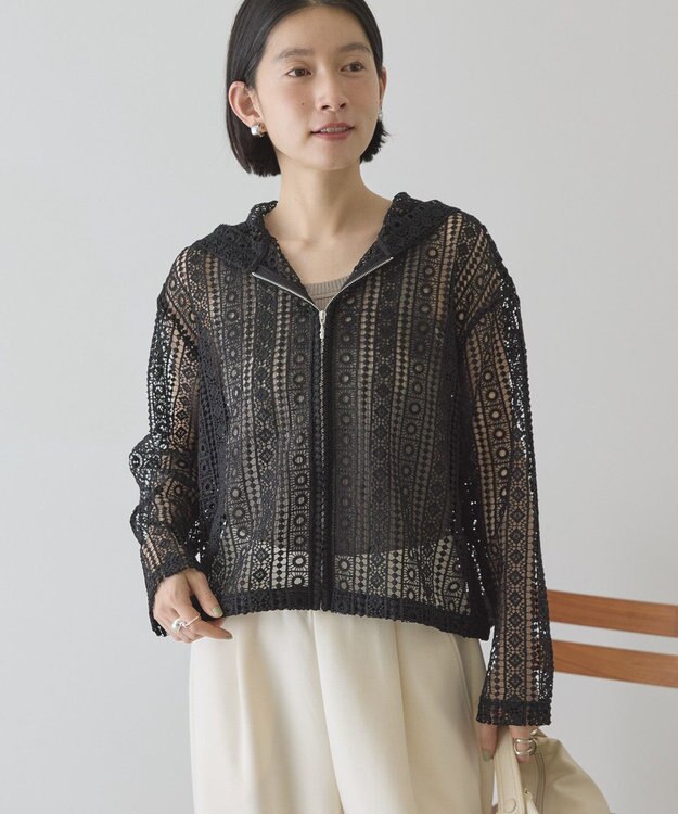 AMERICAN HOLIC 【先行予約】幾何学レースフードシャツ Black