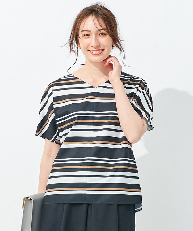 自由区 【接触冷感・速乾・UVカット・撥水・防シワ】リネンライクツイル プルオーバーブラウス ネイビー系1