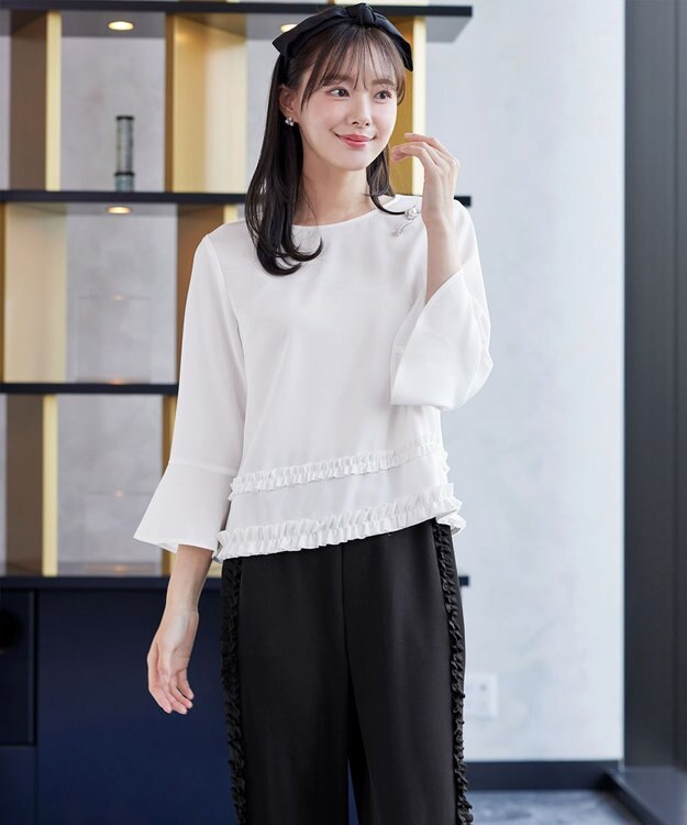 Tiaclasse L 【ブラウス×パンツ2点ット】フリルデザインセットアップ オフホワイト