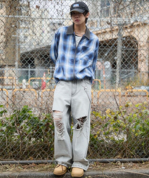 WEGO 【ユニセックス着用ITEM】オンブレチェックシャツジャケット ブルーチェック1