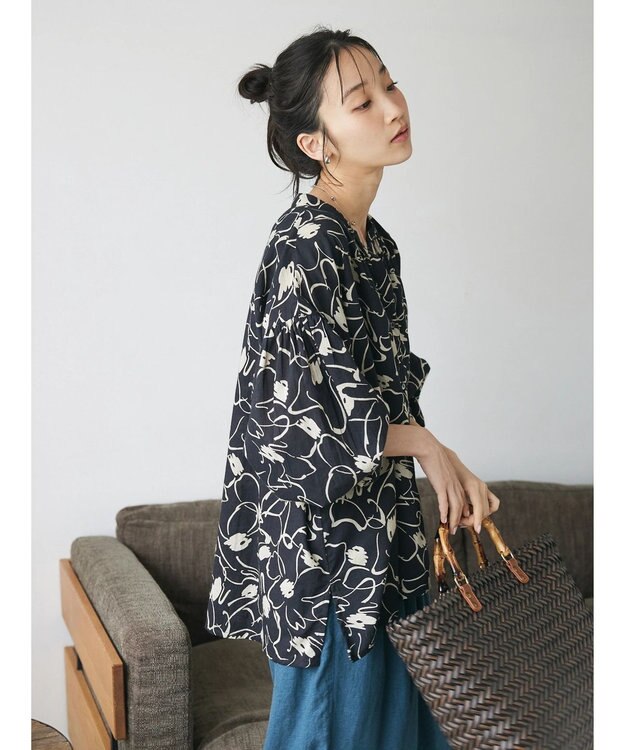 CRAFT STANDARD BOUTIQUE インド綿アソート柄シャツチュニック Black