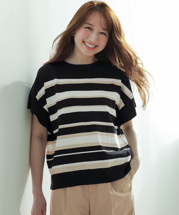 ANY SIS 【アイスタッチ】フレンチスリーブ ニット ブラックベース×ゴールドラメ