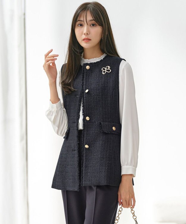 ANY SIS L ファンシーツイードペプラム ジレ ネイビー