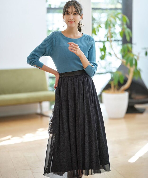 ANY SIS 【ウールブレンドシリーズ】ベースネックリブコンビ ニット ブルー