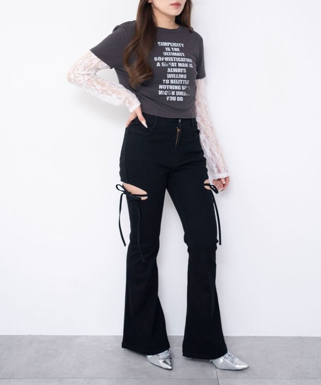 WEGO 【SMサイズ展開/伸びる】カットアウトリボンストレッチフレアデニムパンツ デニムブラック