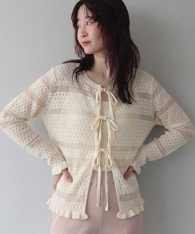 earth music&ecology シアーボーダーニットカーディガン Ivory