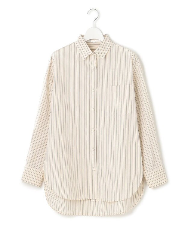 23区 S 【洗える】CANCLINI ポケット付き パールボタン シャツブラウス アイボリー×ブラックストライプ