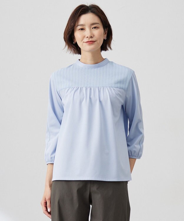 J.PRESS LADIES L 【洗える】プレーティングジャージー モックネックカットソー サックス系