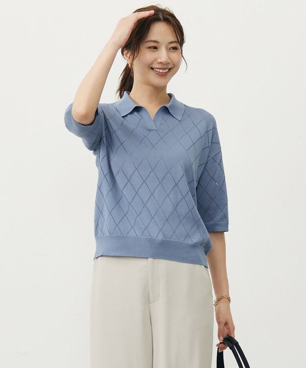 J.PRESS LADIES 【洗える・抗菌防臭】COTTON POLYESTER ポロ ニット ソフトブルー系