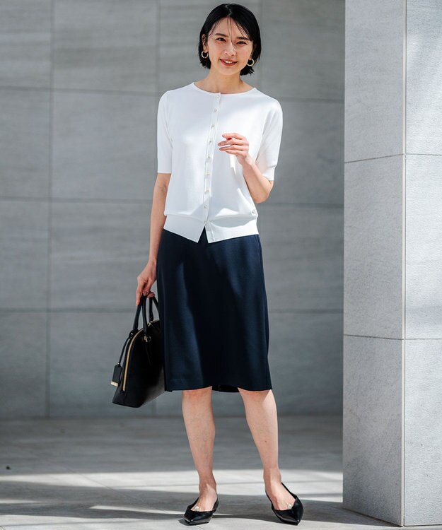 23区 【洗える】レーヨンポリエステルストレッチ 5分袖 カーディガン ホワイト系