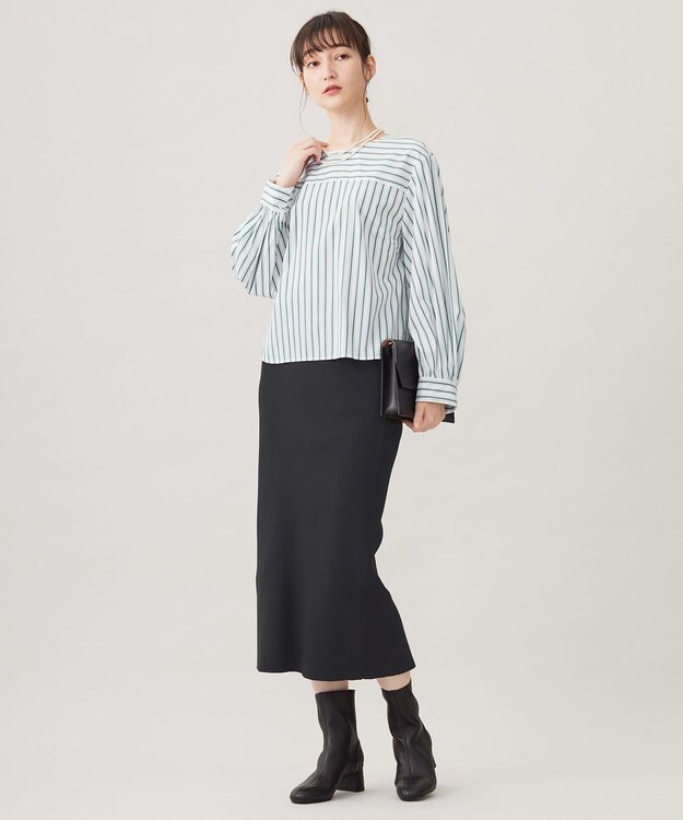 自由区 【洗える】SOMELOSクロップド丈 ブラウス ボトルグリーンストライプ