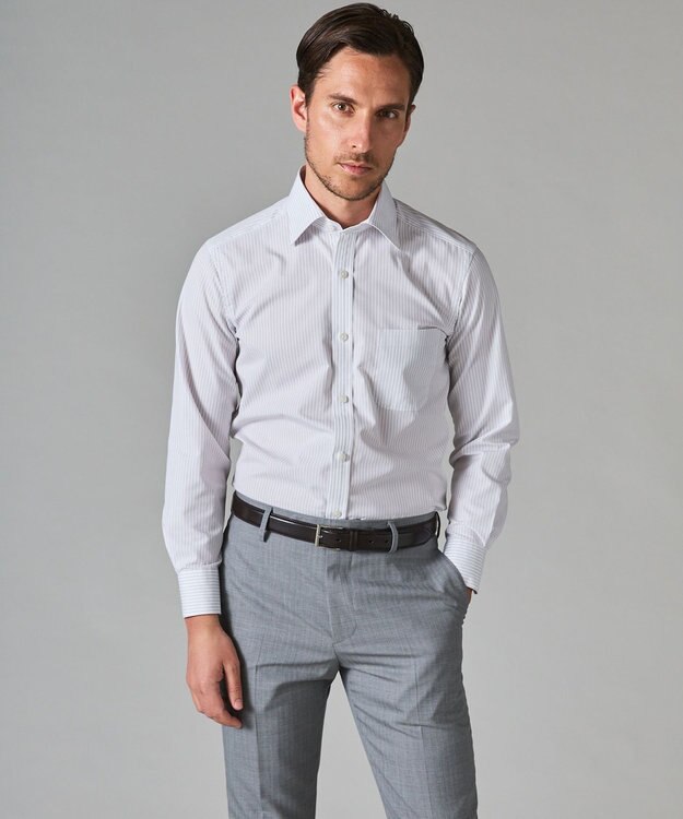GOTAIRIKU 【形態安定】PREMIUMPLEATS_セミワイドカラー 通年ドレスシャツ（ストライプ） ライトグレー系1
