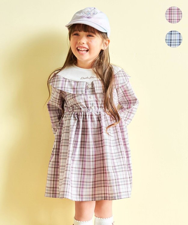 ANY KIDS チェックドッキングワンピース ピンク