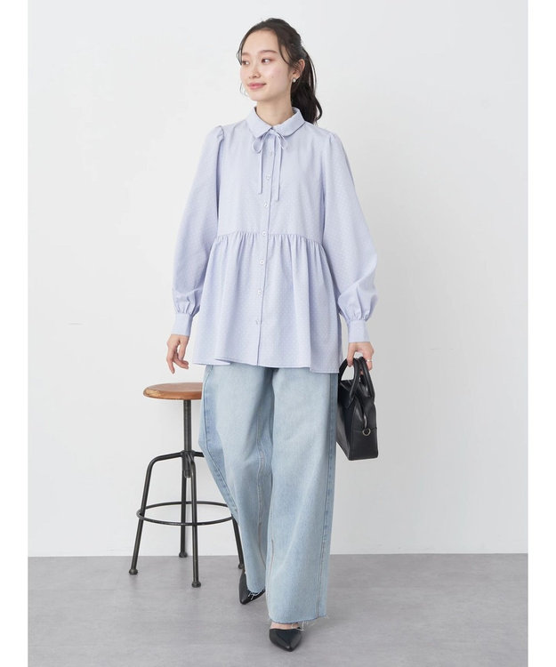 earth music&ecology リボン付き切り替えギャザーシャツチュニック Light Blue