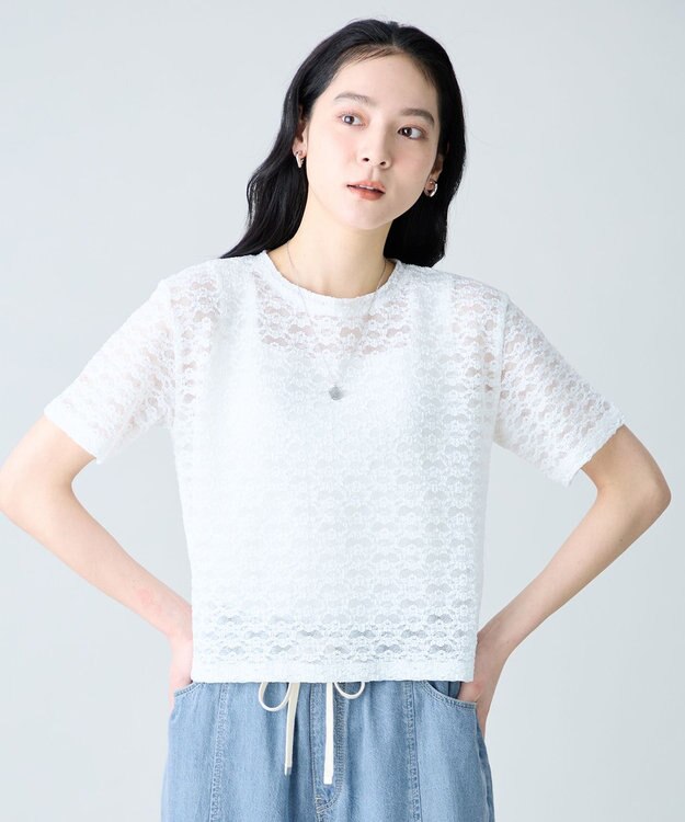 ANY L レースショート丈Tシャツ オフレース