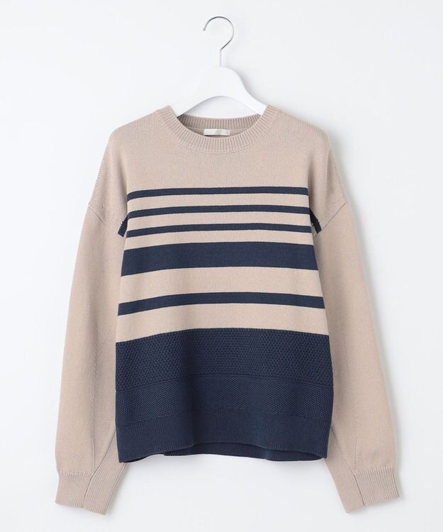 自由区 【洗える】コットンポリミドルゲージ ニット ベージュ×ネイビー
