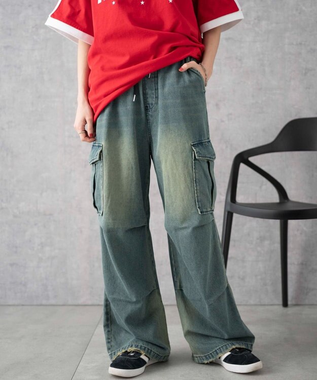 WEGO デニムパラシュートカーゴパンツ デニム中濃加工色