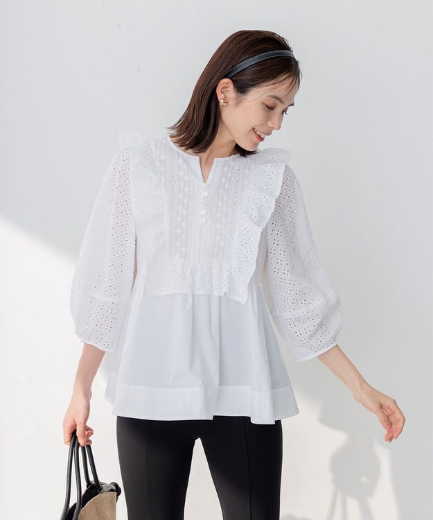 組曲 S 【WEB限定色あり】レースコンビシャーティング ブラウス アイボリー系