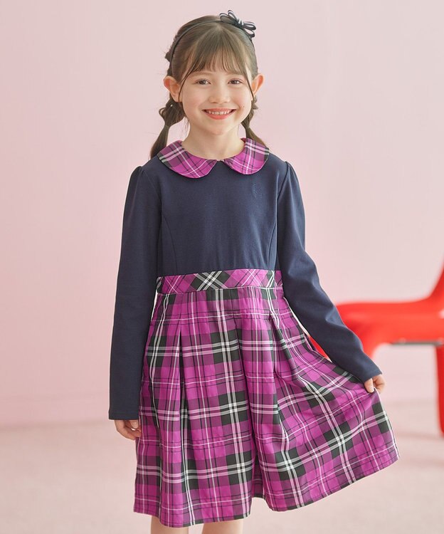 組曲 KIDS 【150-160㎝】チェックタフタドッキング ワンピース ベリーピンク系