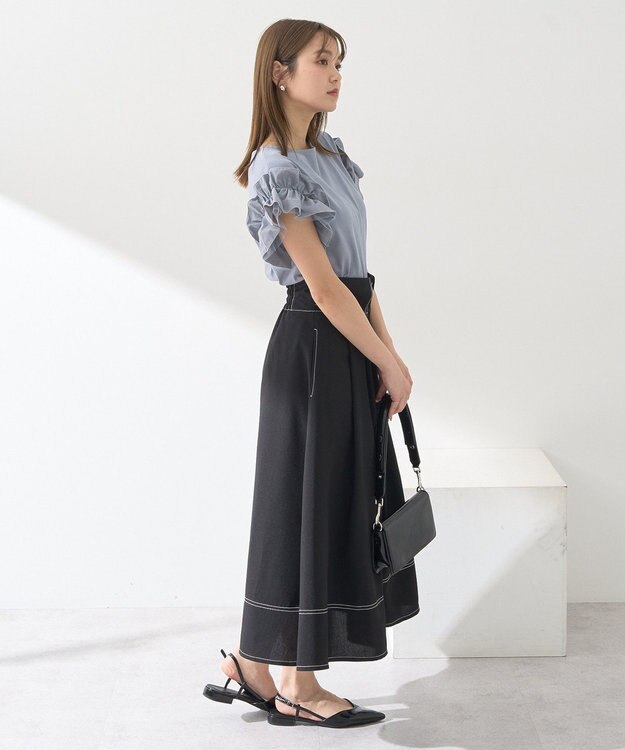 earth music&ecology 【接触冷感/洗濯機可】ギャザーフリルスリーブカットソー Sax