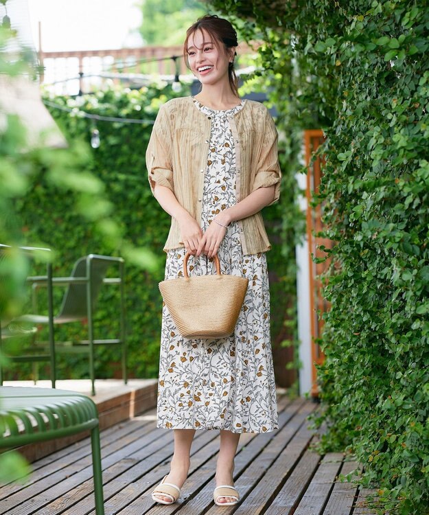 Tiaclasse L 【洗える】リーフフラワー柄ワンピース オフホワイト