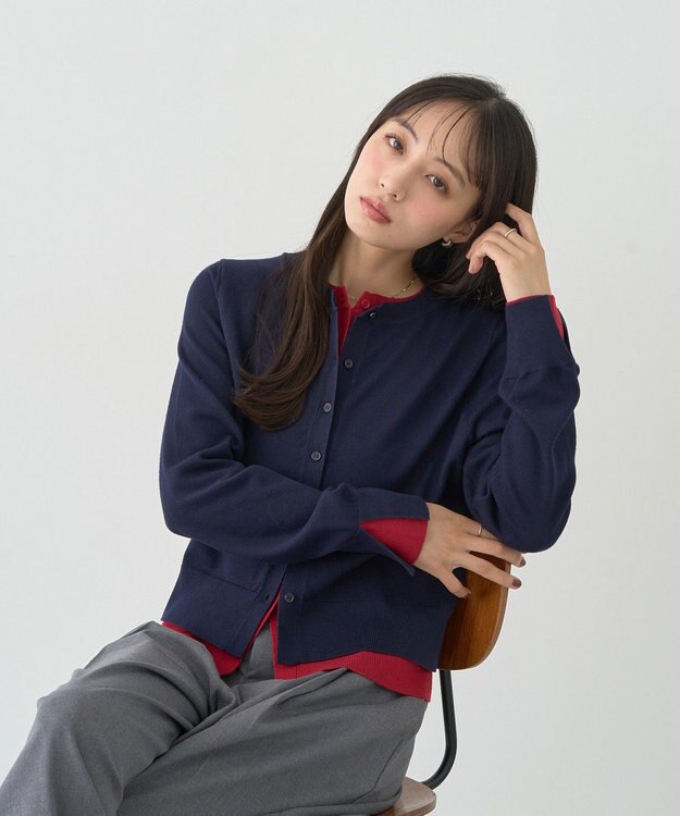 earth music&ecology 【コットン混紡】バイカラーレイヤード風カーディガン Navy