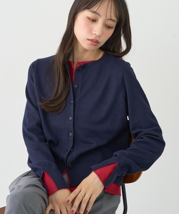 earth music&ecology 【コットン混紡】バイカラーレイヤード風カーディガン Navy