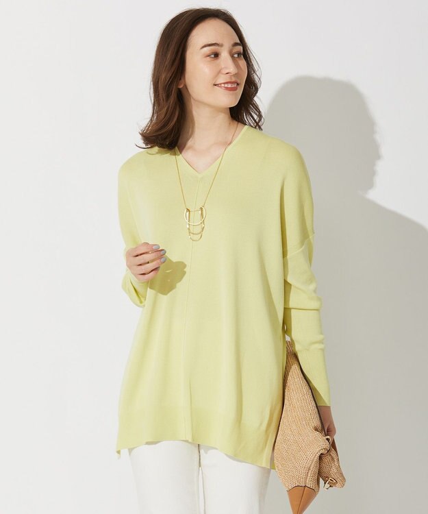 自由区 【WEB限定カラー有/洗える】コットンアセテート チュニック丈ニット ライトグリーン系