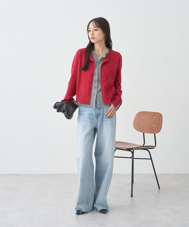 earth music&ecology 【コットン混紡】バイカラーレイヤード風カーディガン Red