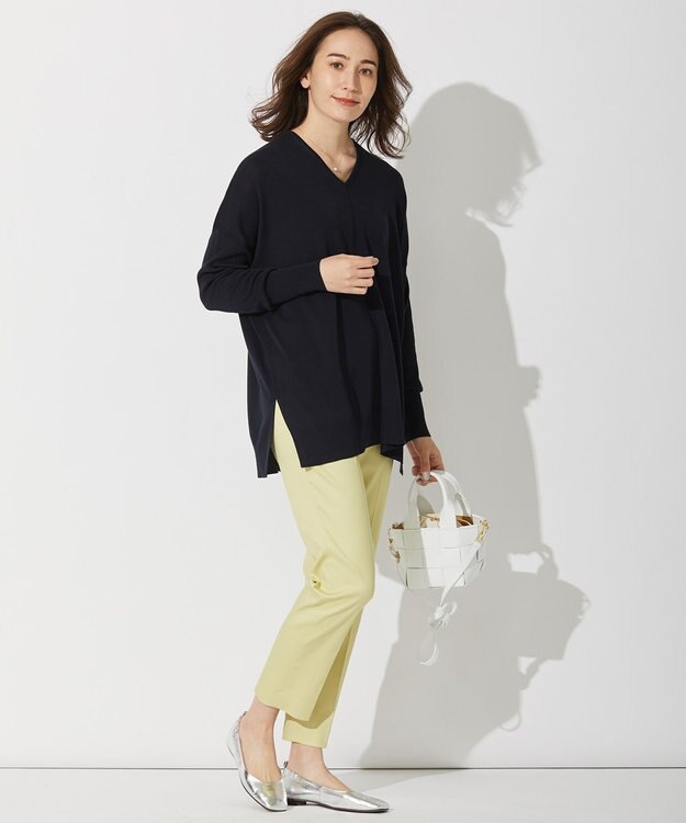 自由区 【WEB限定カラー有/洗える】コットンアセテート チュニック丈ニット ネイビー系