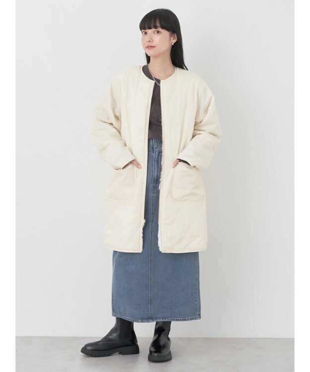 earth music&ecology ファー＆キルティングリバーシブルコート Ivory