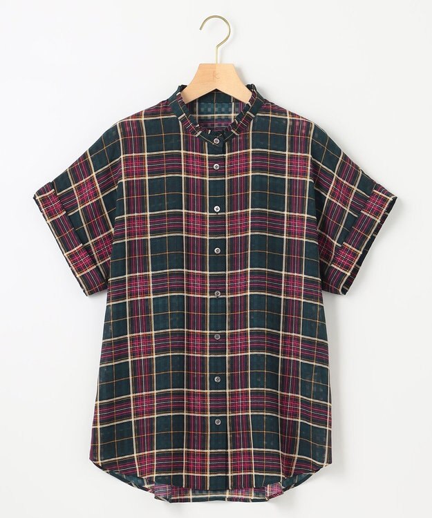 組曲 【洗える】シアーチェック 半袖ブラウス ダークグリーン系5