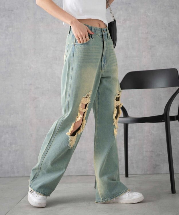 WEGO ヴィンテージウォッシュダメージデニムパンツ デニム淡加工色