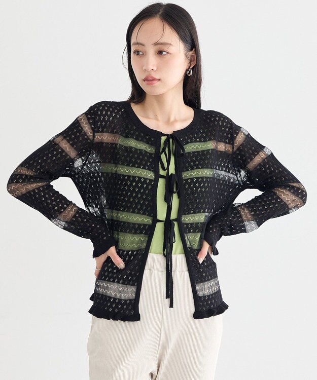 earth music&ecology シアーボーダーニットカーディガン Black