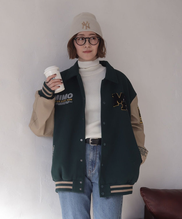 WEGO 【25年秋冬新作/ユニセックス着用ITEM/SMLサイズ展開】メルトンワッペンスタジャン ダークグリーン