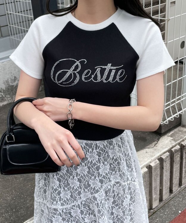 WEGO ラインストーンラグランちびT ブラックその他