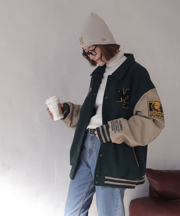 WEGO 【25年秋冬新作/ユニセックス着用ITEM/SMLサイズ展開】メルトンワッペンスタジャン ダークグリーン