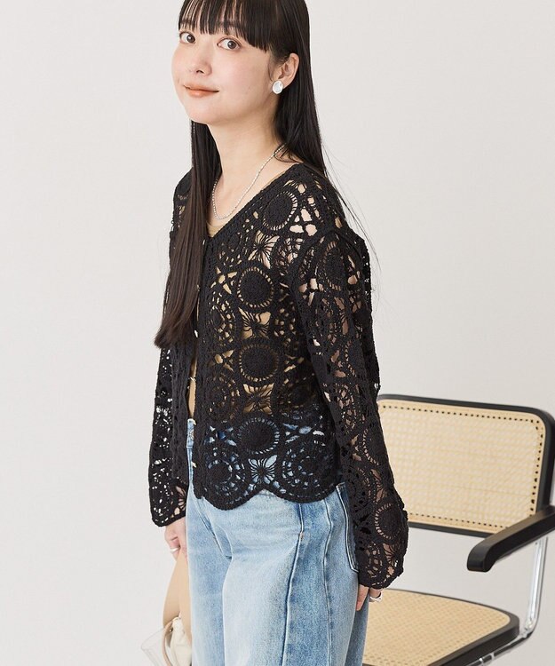 AMERICAN HOLIC クロシェニットVネックカーディガン Black