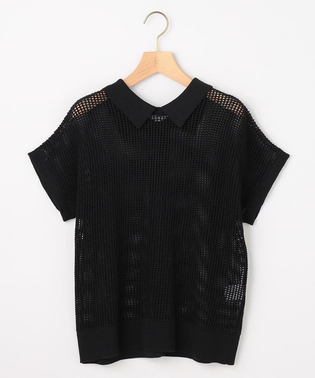 組曲 L 【先行予約・WEB限定・前後着用可】メッシュニット 襟付き半袖カーディガン ブラック系